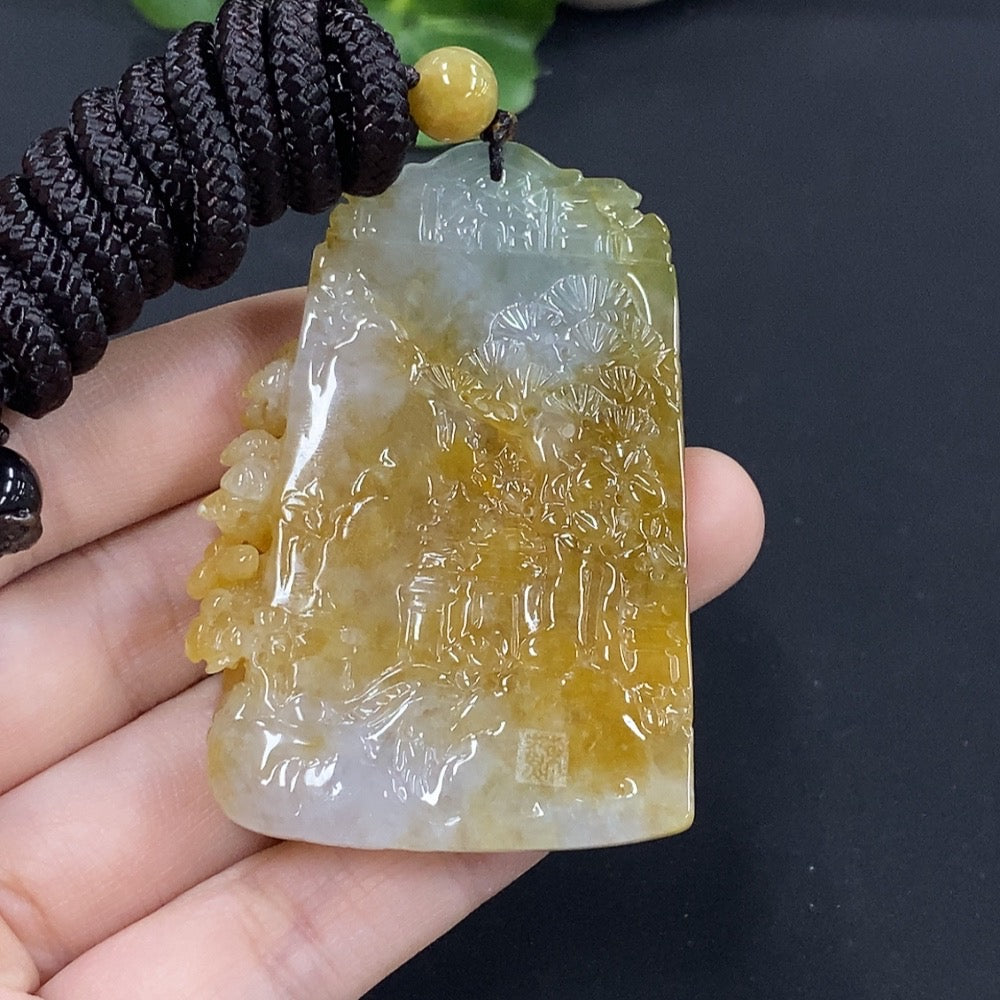 Jadeite landscape pendant by HUILIU HQ, showcasing a detailed jade pendant with a scenic landscape design, weighing approximately 43.4g.
