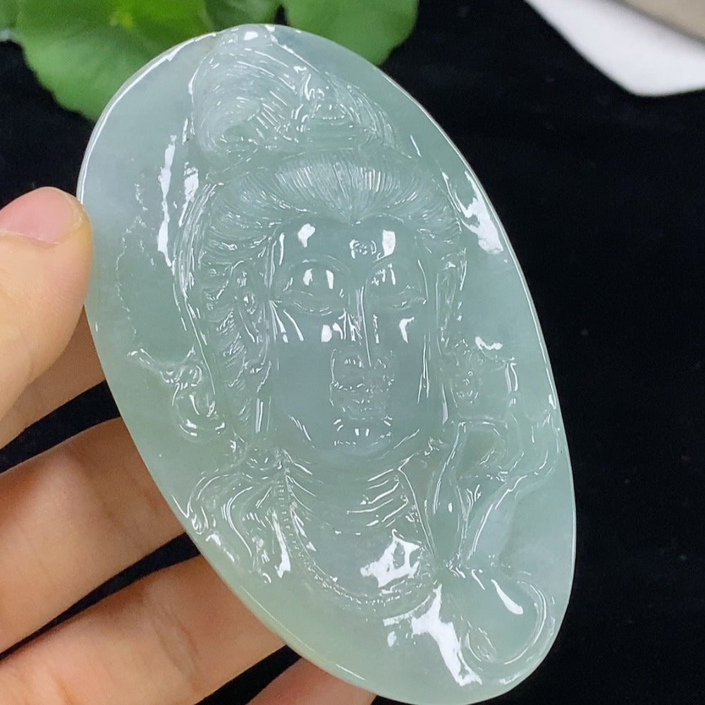Huiliu Jadeite Guanyin pendant, intricately carved jade religious jewelry, certified by HUILIU HQ, detailed pendant image