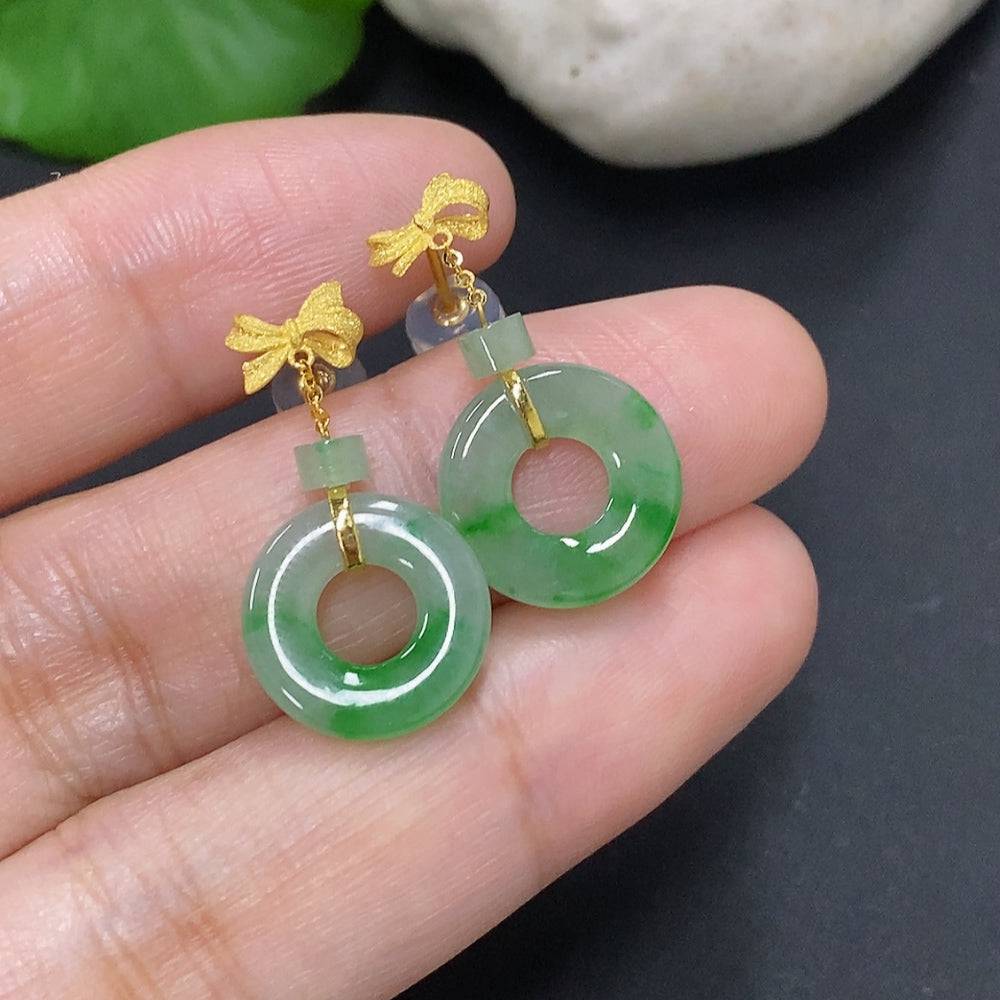 HUILIU HQ jadeite inlaid earrings with 18K gold, weighing about 2g, showcasing intricate jade jewelry design.
