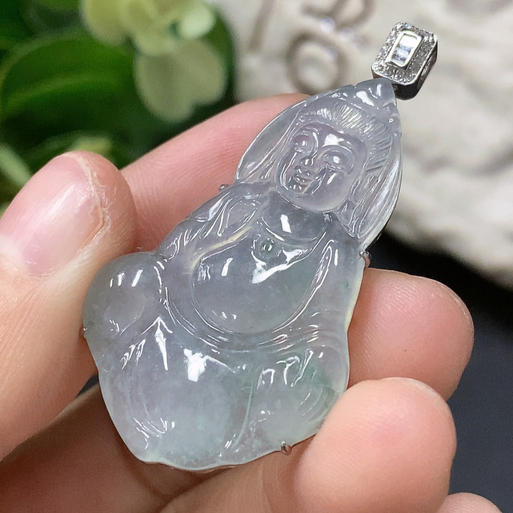 Baby Guanyin Jadeite Pendant with 18K Gold Inlay, Approx. 6.4g