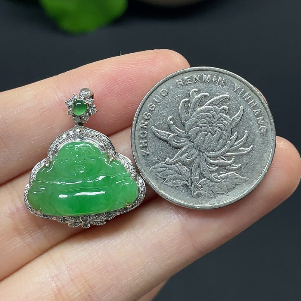 Jadeite Buddha pendant necklace with 18K gold and diamond accents, featuring a detailed Buddha figure, weight 2.9g.