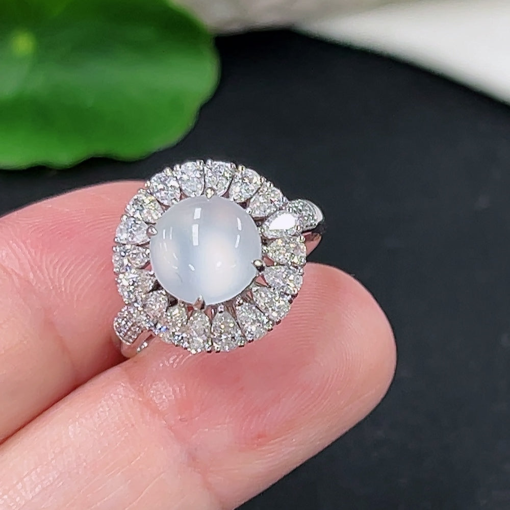 Jadeite inlaid ring with diamond accents, size 13, set in 18K gold, weighs approximately 3.9g, by HKHQ.