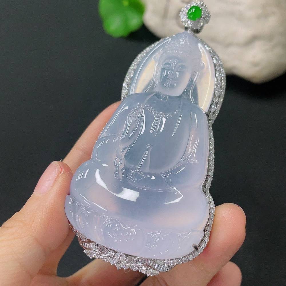Jadeite Inlaid Guanyin pendant with 18k gold and diamond accents, showcasing intricate craftsmanship and detailed carving.