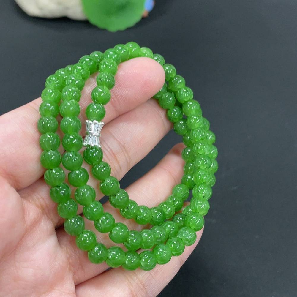 Hetian Jade Jasper Flowering Wealth beaded necklace with 6mm beads, featuring natural green and brown tones, weighs about 29.9g.