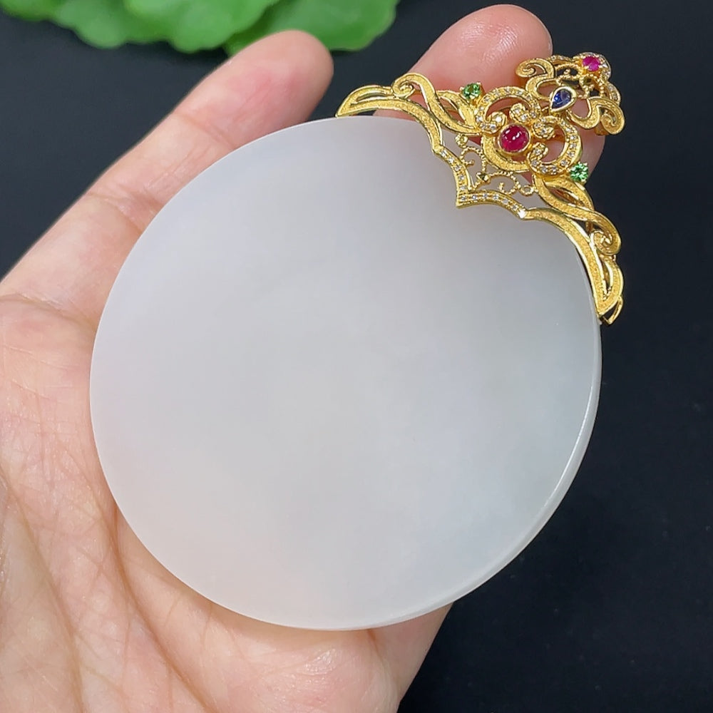 Hetian Jade Inlaid Plain Pendant 18k Gold Set with Colorless Diamonds