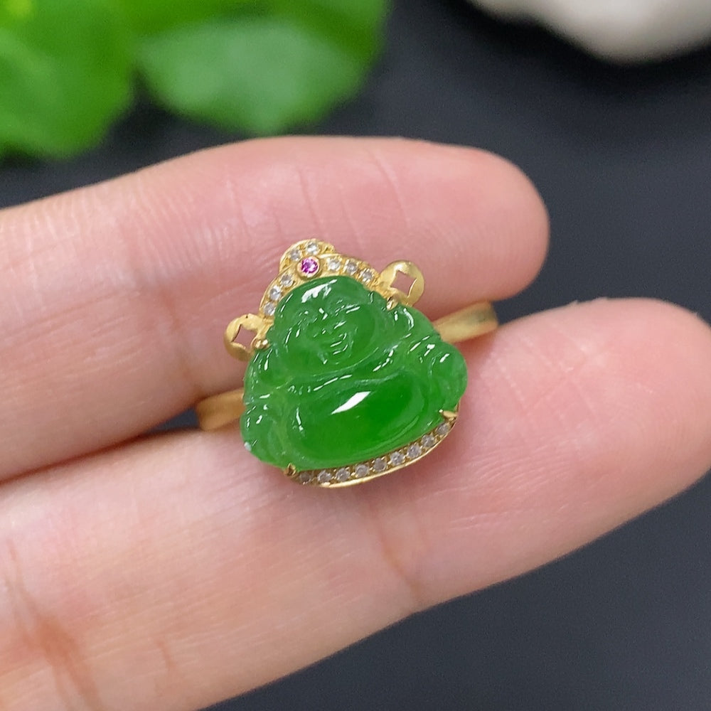 Jadeite Buddha Inlaid Ring . (Colorless Accent Stones Are Diamonds) | Huiliu Certified