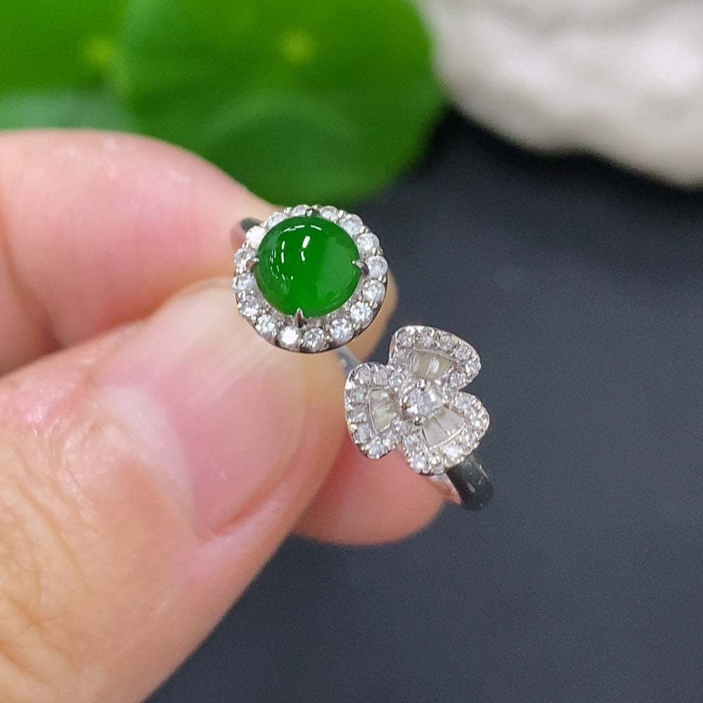 HKHQ jadeite cabochon inlaid ring with diamond accents in 18K gold, adjustable size, weighing approximately 2.2g.