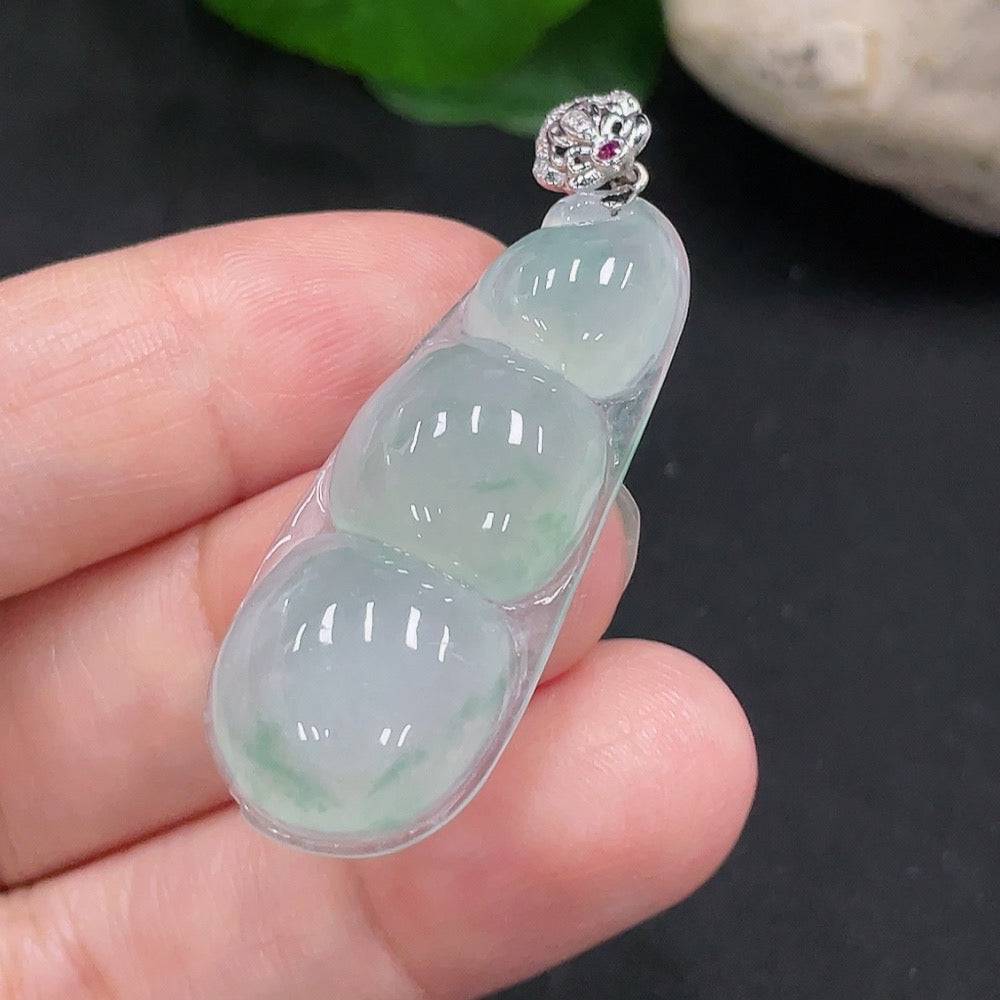 Jadeite lucky bean pendant with diamond accents, 18K gold, crafted by HUILIU HQ, shown with detailed close-up.