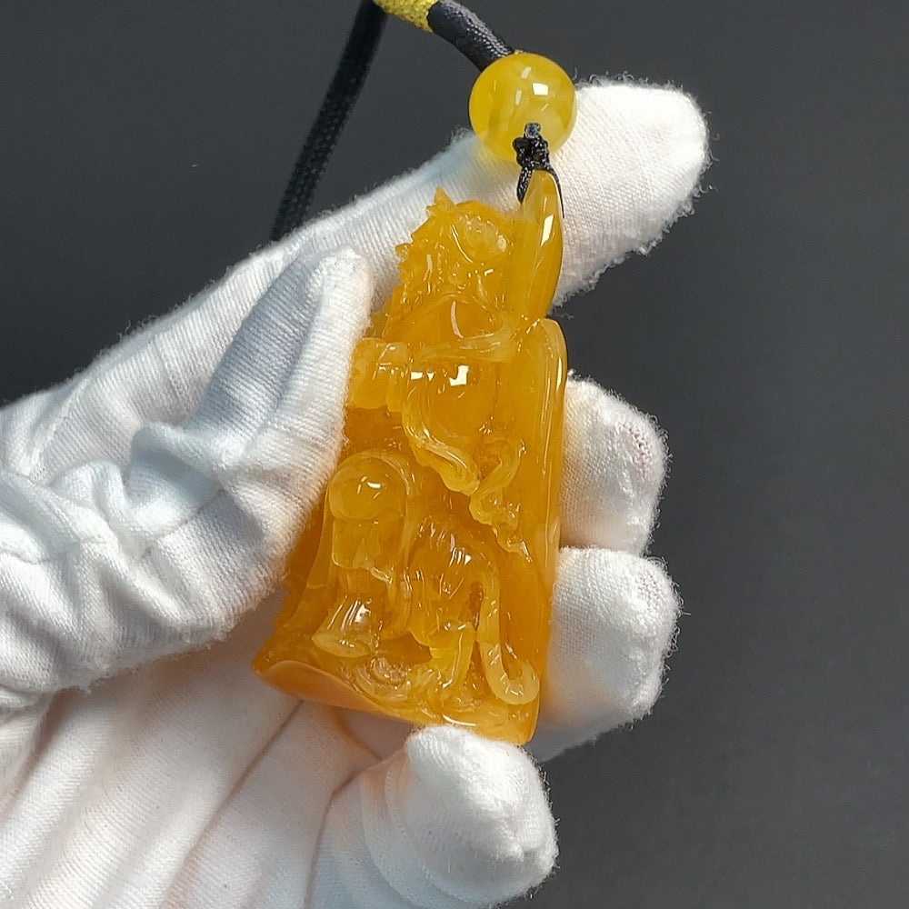 Amber Beeswax Pendant (Total Weight Including String: Approx. 37.92g, Colorless Film Coated)