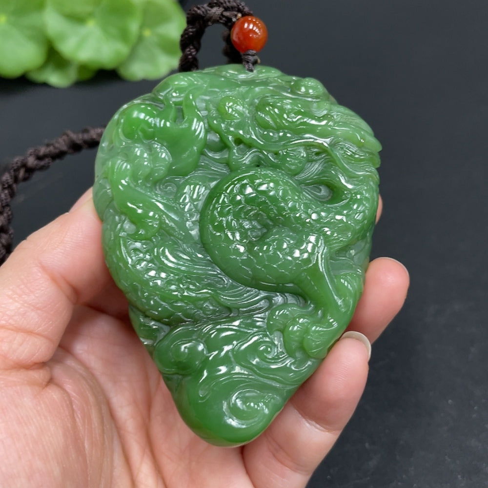 Huiliu HQ Hetian Jade hand-carved dragon figure, bi jade sculpture with intricate details, certified by Huiliu.