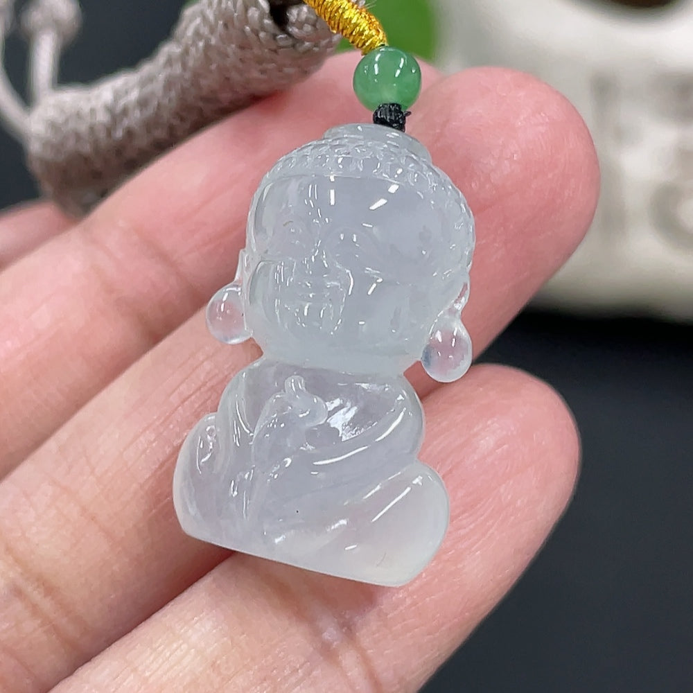 Jadeite Baby Buddha pendant in green jade, featuring detailed carved Buddha figure, from HUILIU HQ.
