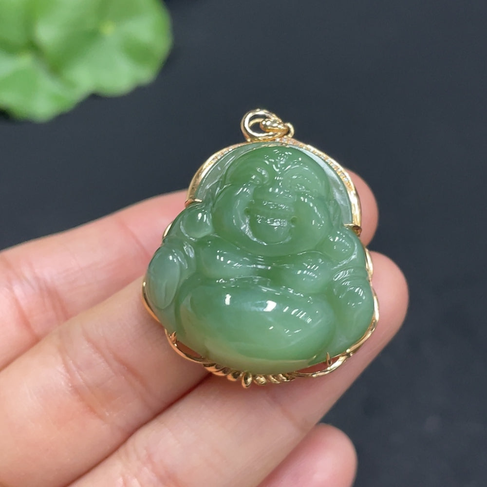 Huiliu Certified Hetian Jade Jasper Buddha with diamond accents, showcasing intricate craftsmanship and polished gemstone details.