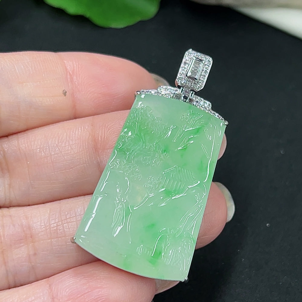 Jadeite landscape pendant with gold and diamond accents, crafted by HKHQ, featuring intricate jade design and 18K gold details.