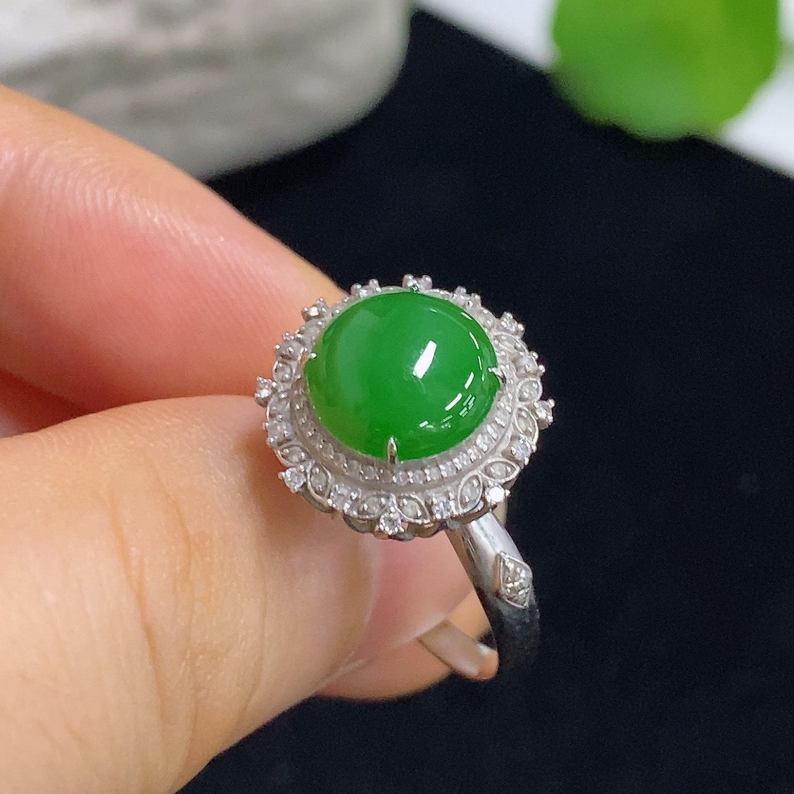 Jadeite Cabochon Ring/Pendant Convertible 18K with Diamond Accents
