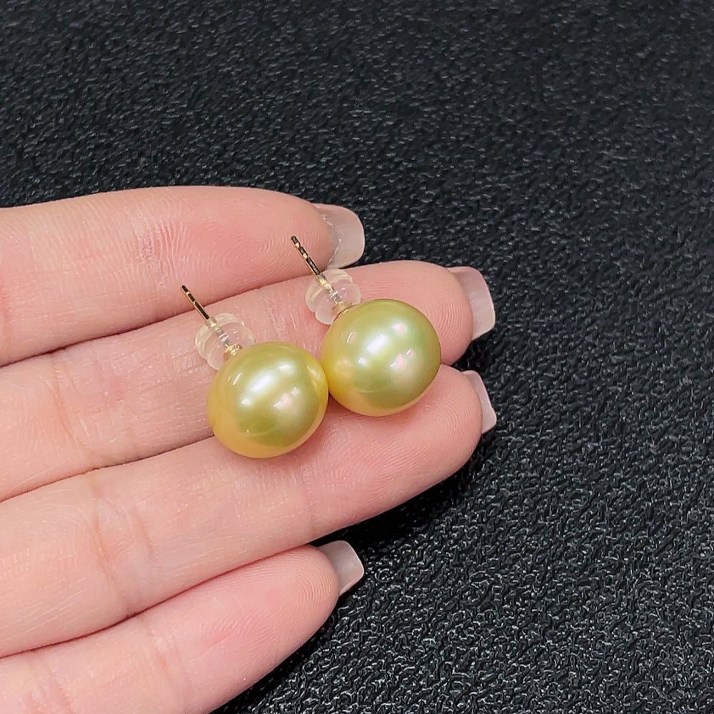 HUILIU HQ seawater pearl earrings with 18K gold color, 12.6mm pearls, total weight approx. 5.54g, natural and elegant jewelry