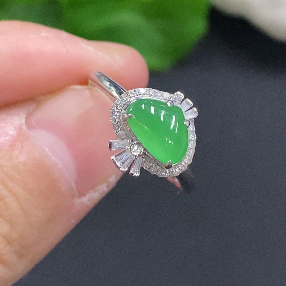 Jadeite Cabochon Ring . with Diamond Accents | Huiliu Certified