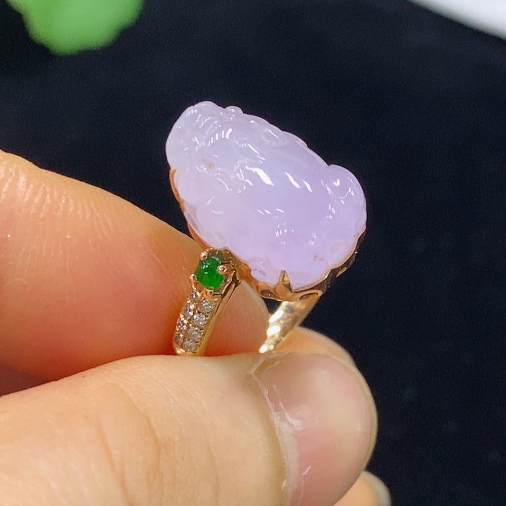 Jadeite Pi Xiu Inlaid Ring 18k with Diamond Size 13 Total Weight Approx. 5.57g