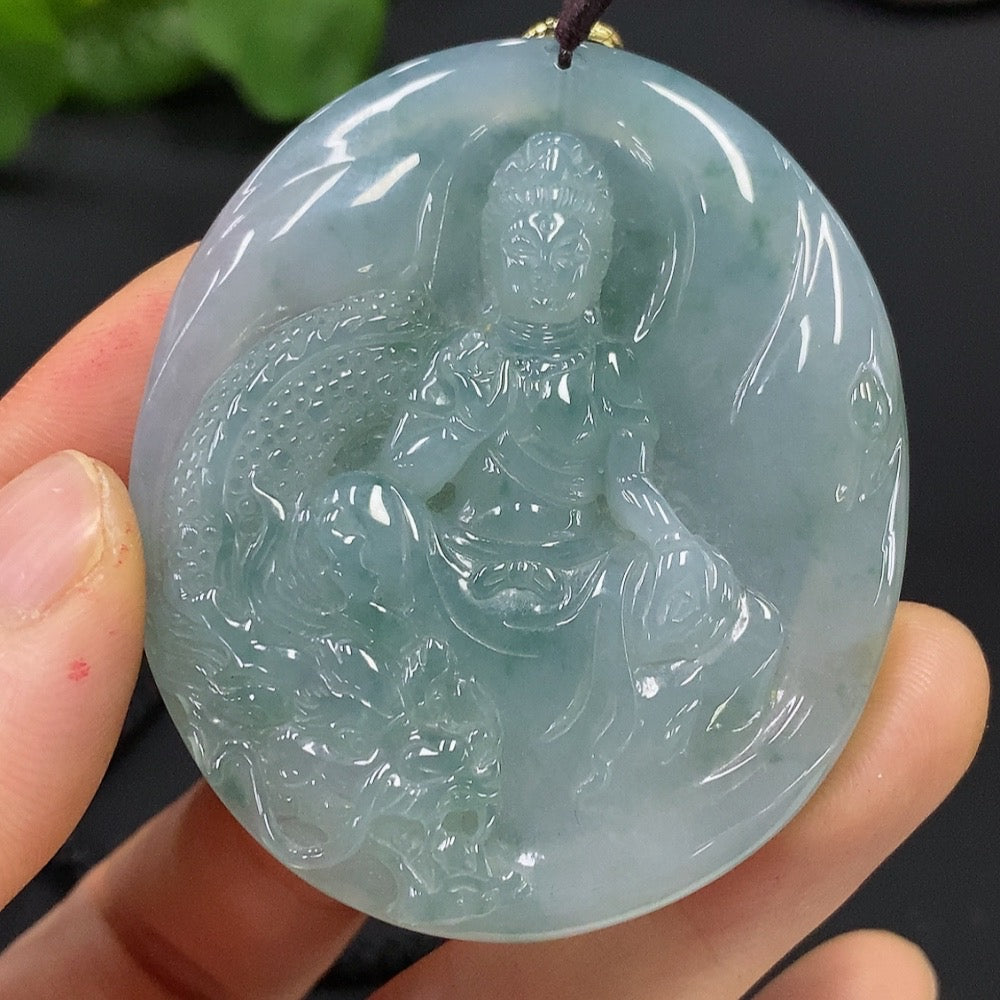 Jadeite Dragon-Guarding Guanyin Pendant (Non-Gold-Inlaid)