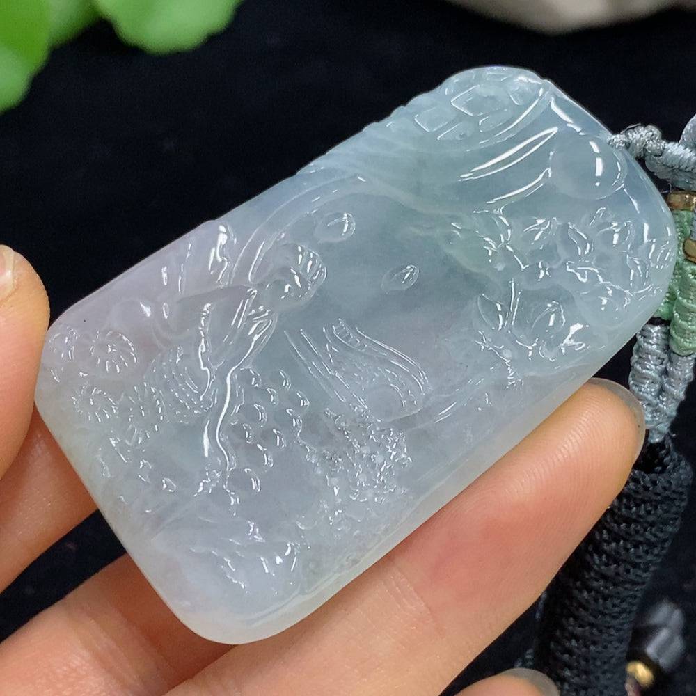 Jadeite landscape pendant with rope, crafted by HUILIU HQ, showcasing detailed jade artwork and a total weight of 37.09g.