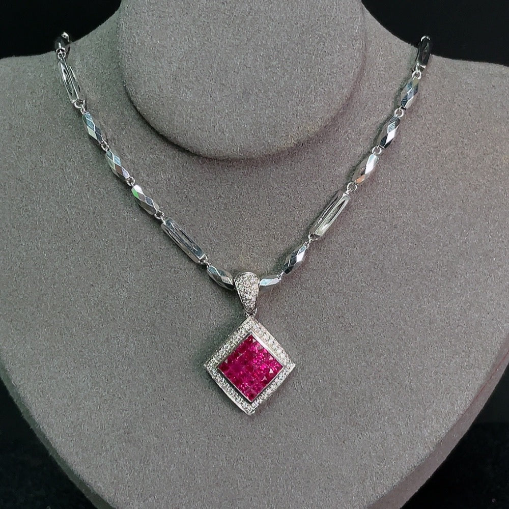 Ruby Inlaid Pendant 18k Gold Chain Pt93% Rope Undetectable Diamond Accents