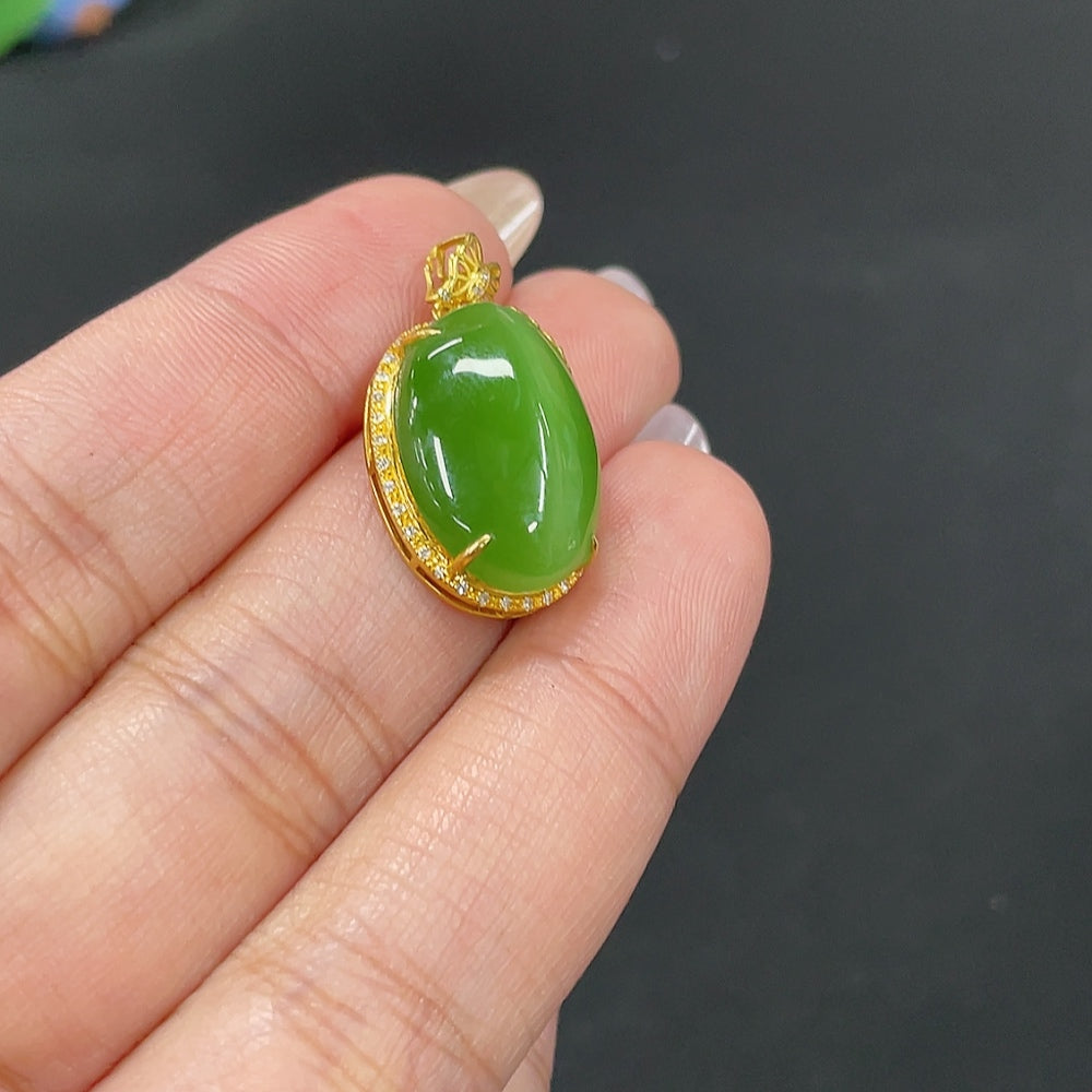Hetian Jade Inlaid Pendant, Total Weight Approx. 3.7g, 18k Gold with Diamond Accents