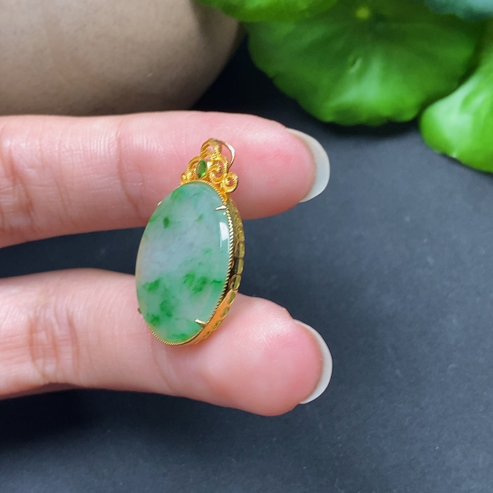 Elegant jadeite plain pendant on a silver chain, 18K gold accents, designed by HKHQ for a sophisticated look.