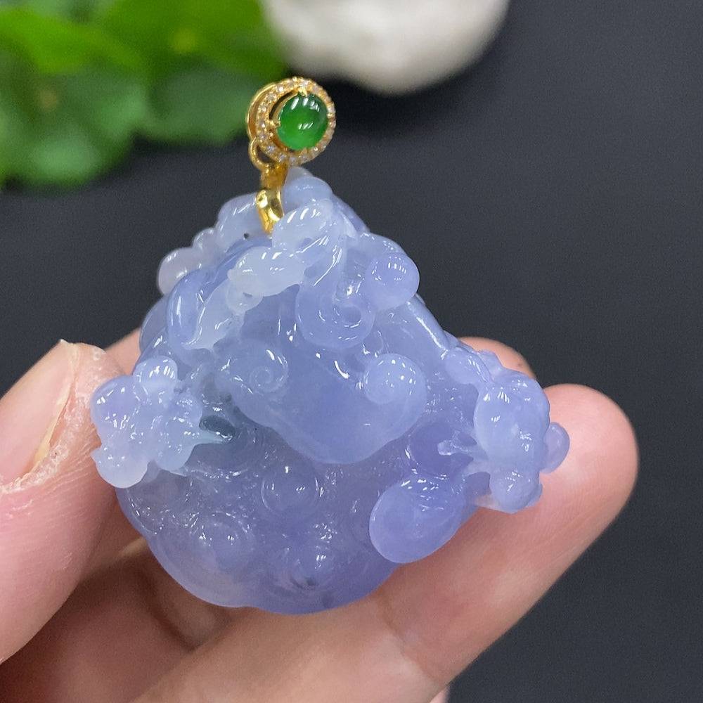 Jadeite lotus pod pendant with 18K gold bezel, set with diamonds, from HUILIU HQ, featuring intricate jade and gold details.