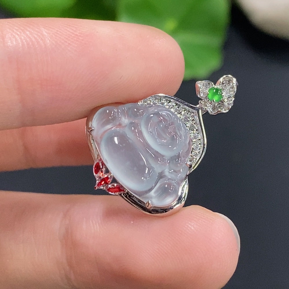 Jadeite Buddha Pendant with 18k Gold Setting, 3 Non-Diamond Accents
