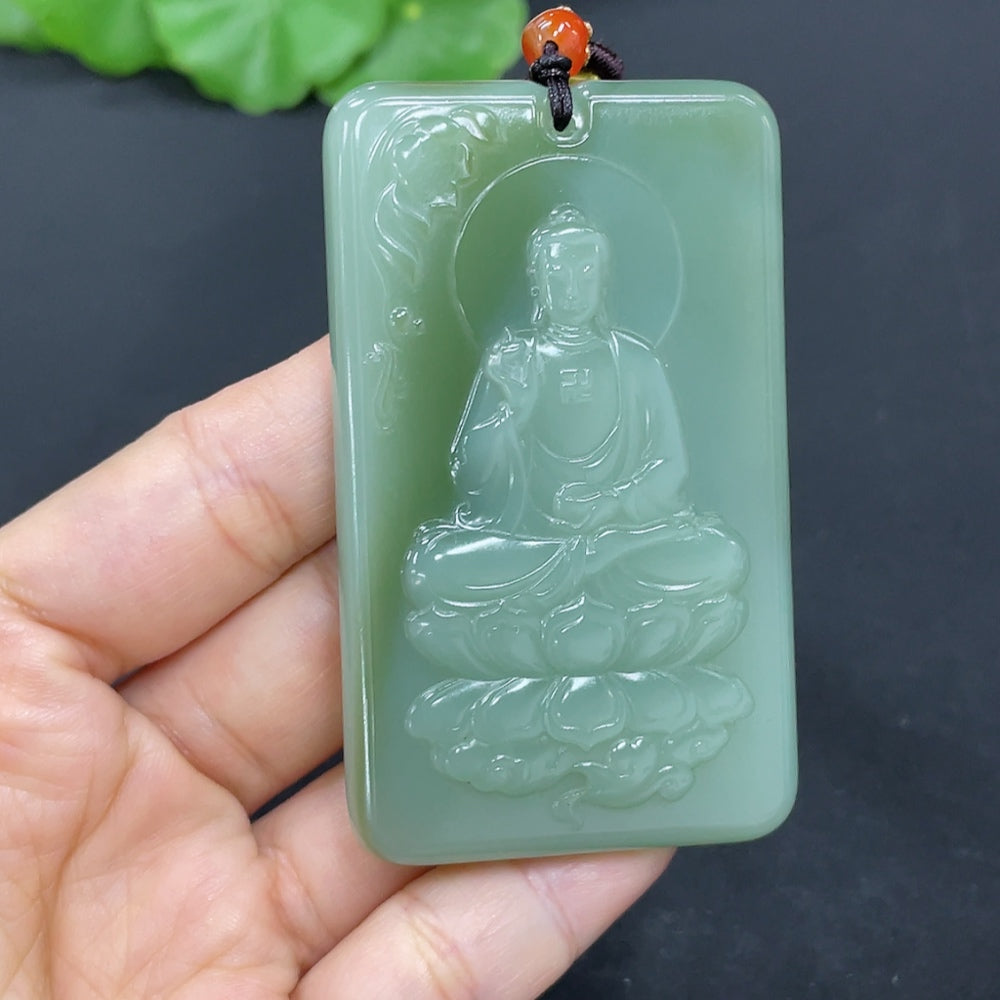 Hetian Jade Jasper pendant featuring Amitabha Buddha with a rope, weighing 64.9g, crafted by HKHQ with accompanying beads.