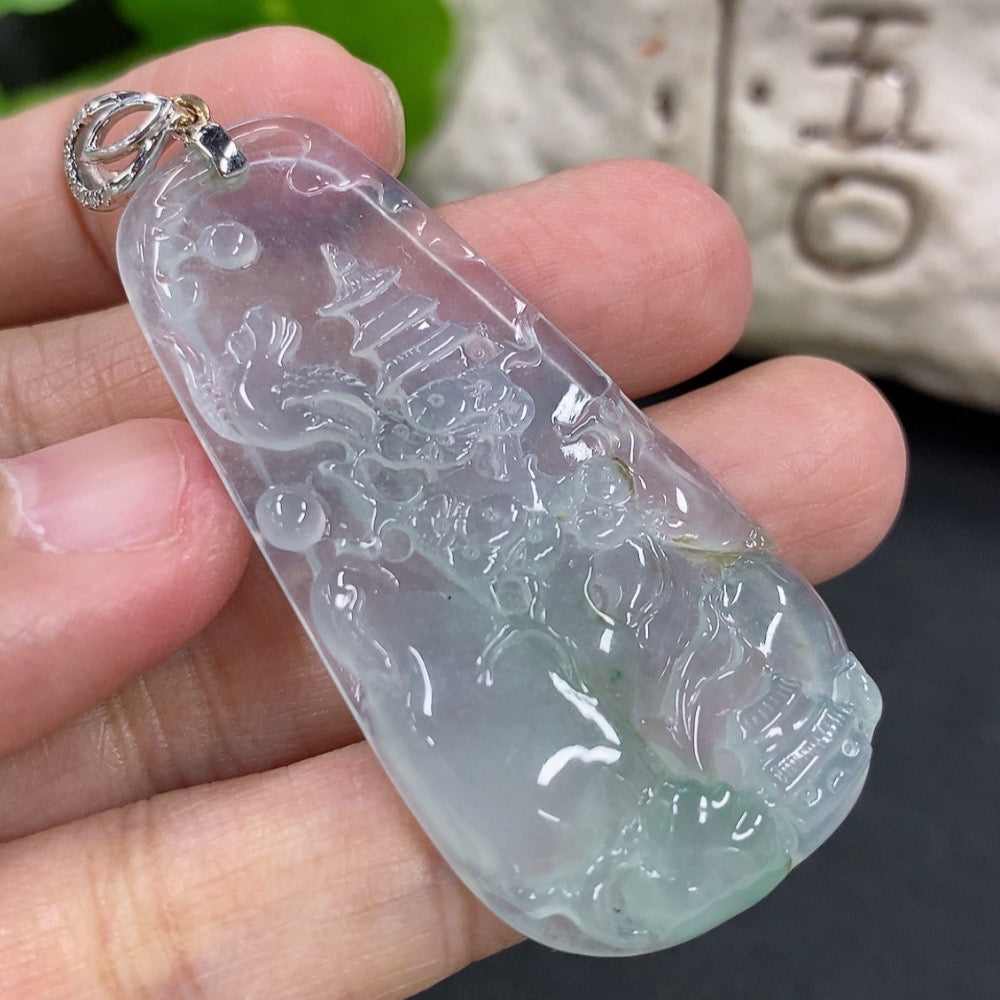 Jadeite Pendant Landscape Plaque with 18K Gold and Diamond Accents