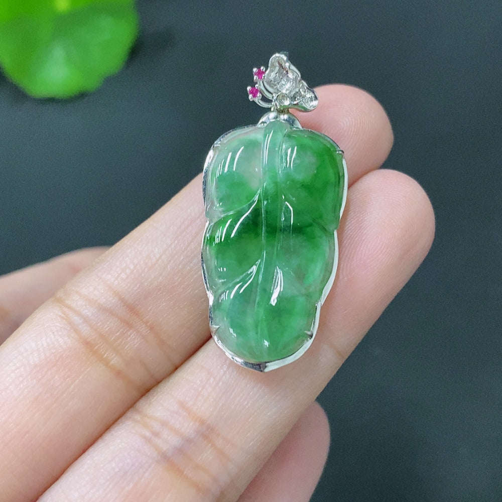 Jadeite Leaf Inlaid Pendant Inlaid . | Huiliu Certified