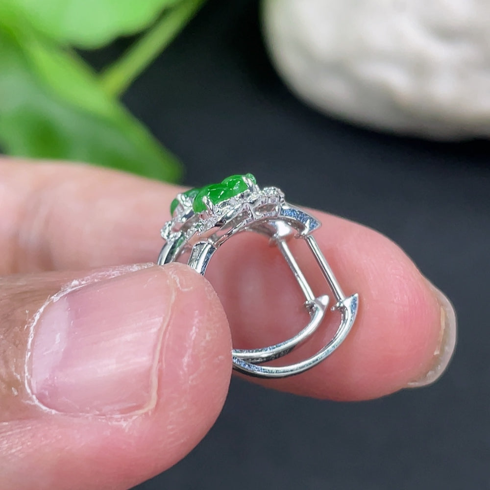 HKHQ Jadeite Gourd Inlaid Ear Studs in 18k gold with diamond accents, lightweight earrings with intricate design and craftsmanship.
