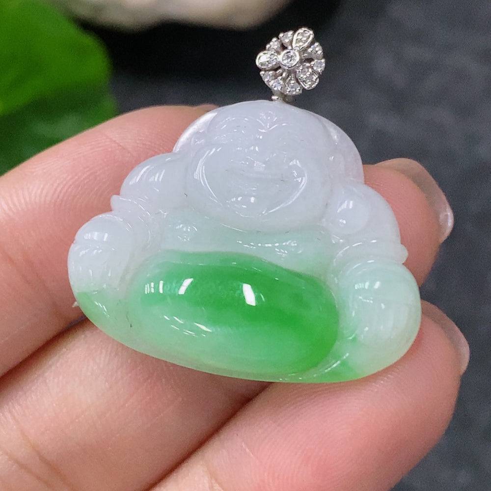 Jadeite Buddha pendant by HUILIU HQ with 18k gold setting, weighing approximately 6.43g, featuring detailed carved Buddha design.