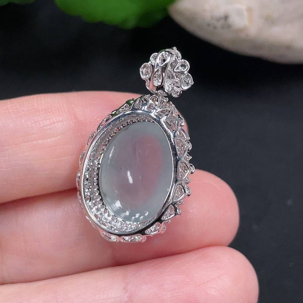 Jadeite pendant with 18K gold mount accented with small diamonds, from HUILIU HQ, showcasing the elegant jade piece on a chain.