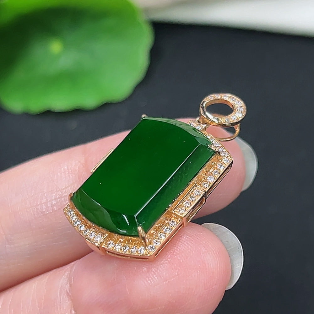 Jadeite plain pendant with 18k diamond accents, featuring a smooth jade surface and elegant design on a jewelry chain.