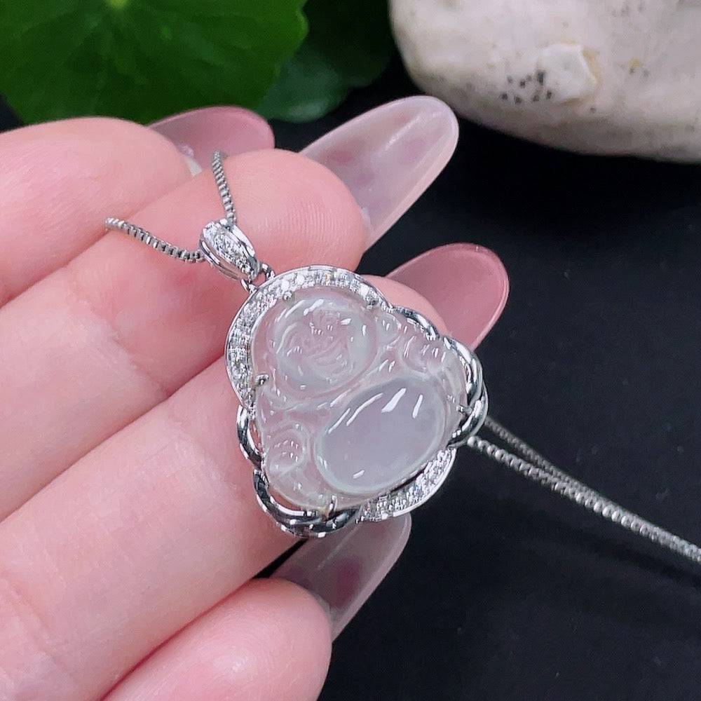 Huiliu Jadeite Buddha pendant with diamond accents, showcasing a detailed carved jade figure on a neutral background.