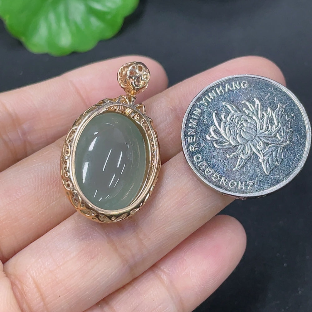 Jadeite Cabochon Pendant with 18K Gold and Diamond Accents, Total Weight Approx. 5.59g