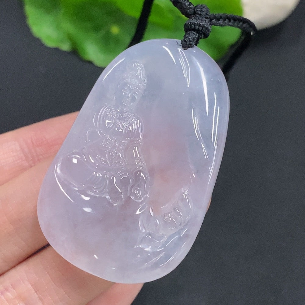Jadeite Guanyin pendant with intricate detailing, weighing approximately 25.3g including the cord, crafted by HUILIU HQ.