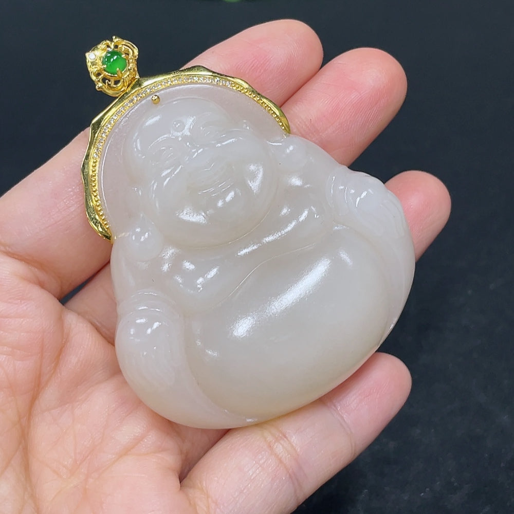 Hetian Jade Pendant, Buddha, 18K Gold Clasp, Total Weight Approx. 39.8g, Non-Hetian Jade Beads, Diamond Accents