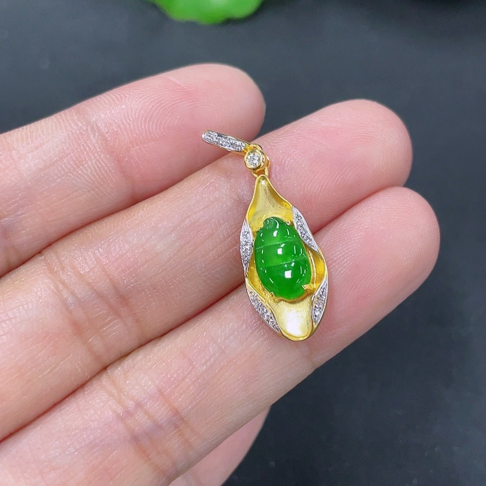 Jadeite Inlaid Lucky Bean Pendant 18k with Diamond Accents Total Weight Approximately 1.23g