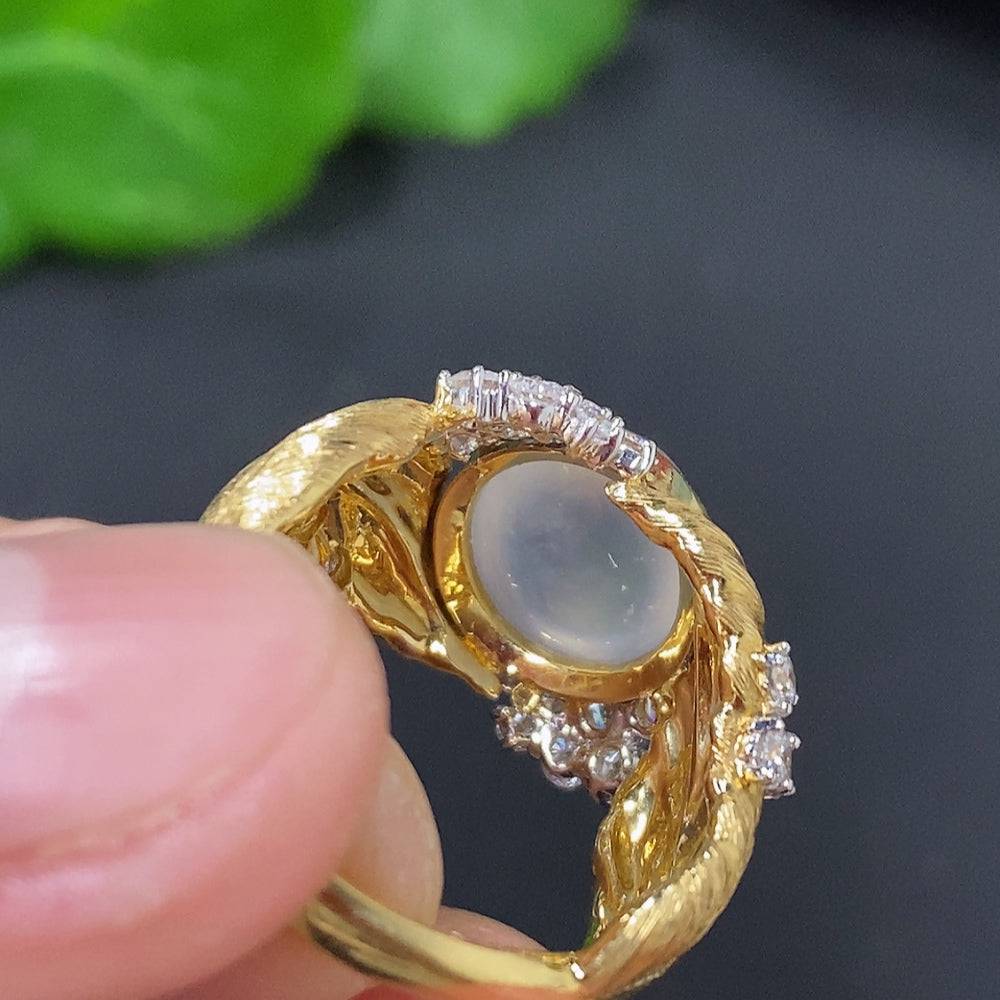 HUILIU HQ jadeite cabochon inlaid ring with 18K gold band, size 11, showcasing polished green jade gemstone on a gold setting.