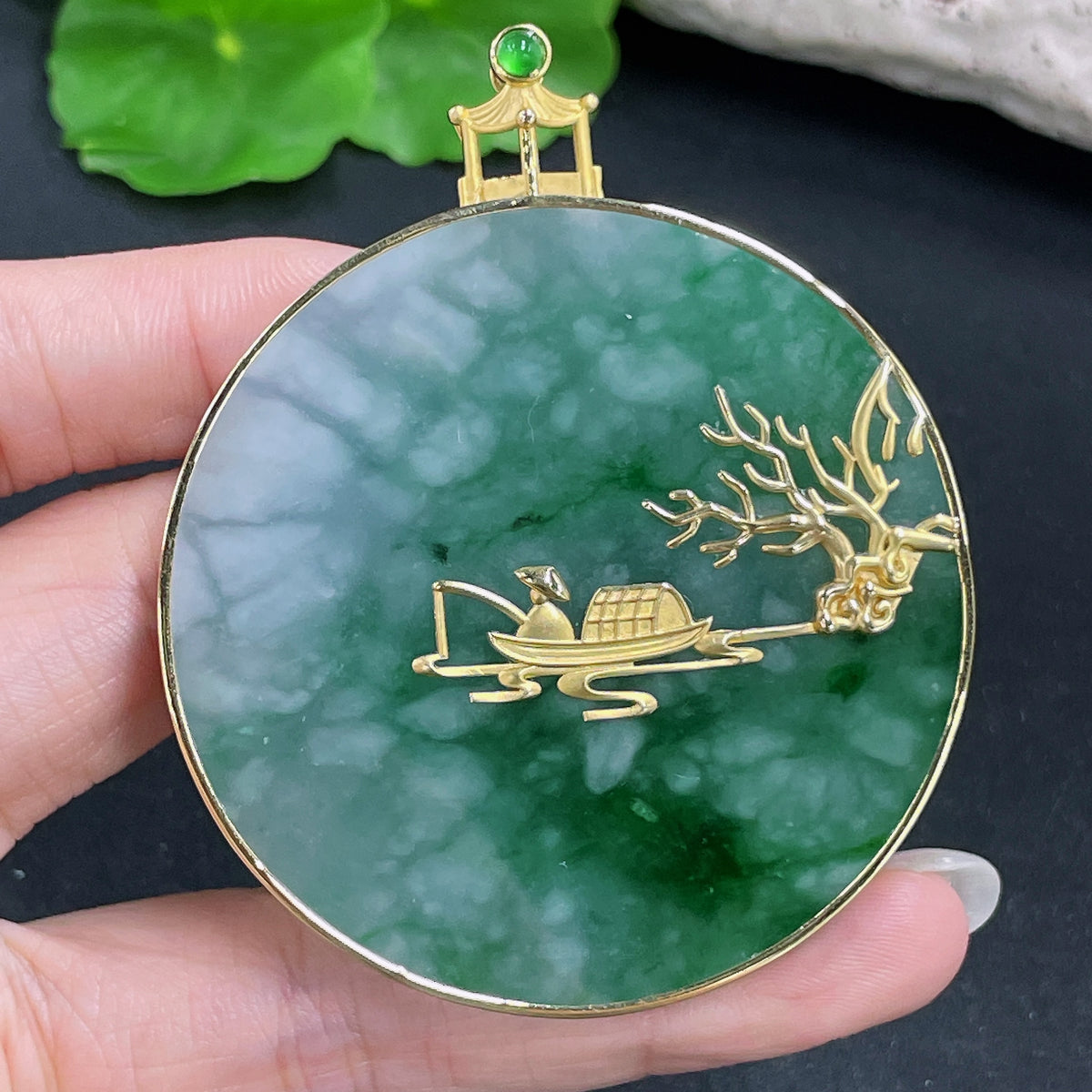 Jadeite pendant with 18k gold inlay from HKHQ, showcasing a polished green jade piece with gold accents, weight approx. 58.95g.