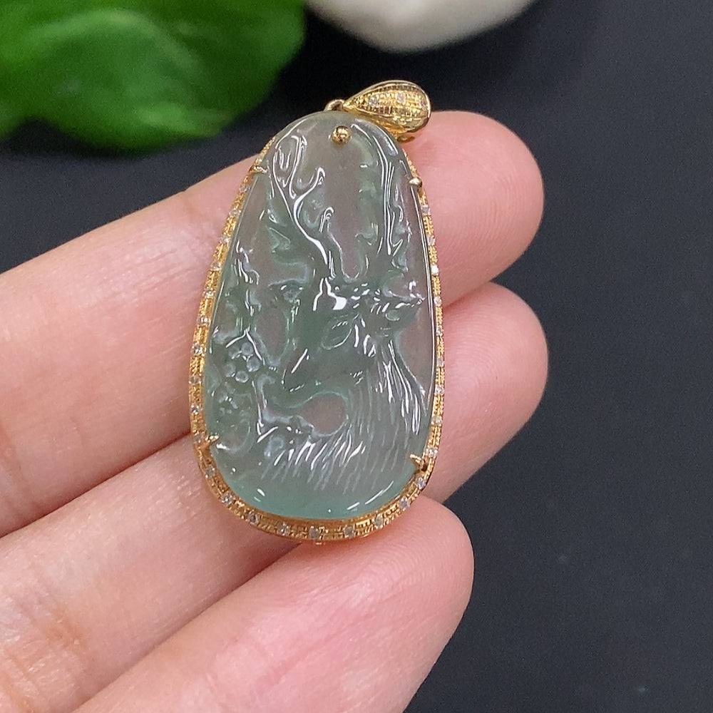 Huiliu jadeite pendant with diamond accents in a secure setting, showcasing a polished, vibrant green jade stone.
