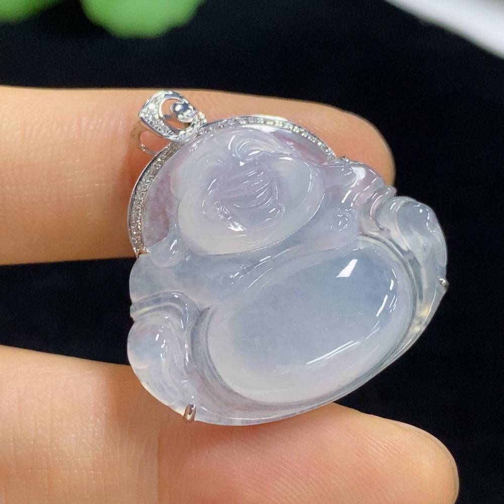Huiliu Jadeite Buddha pendant with bezel setting and diamond accents, showcasing intricate craftsmanship and vibrant green jade.