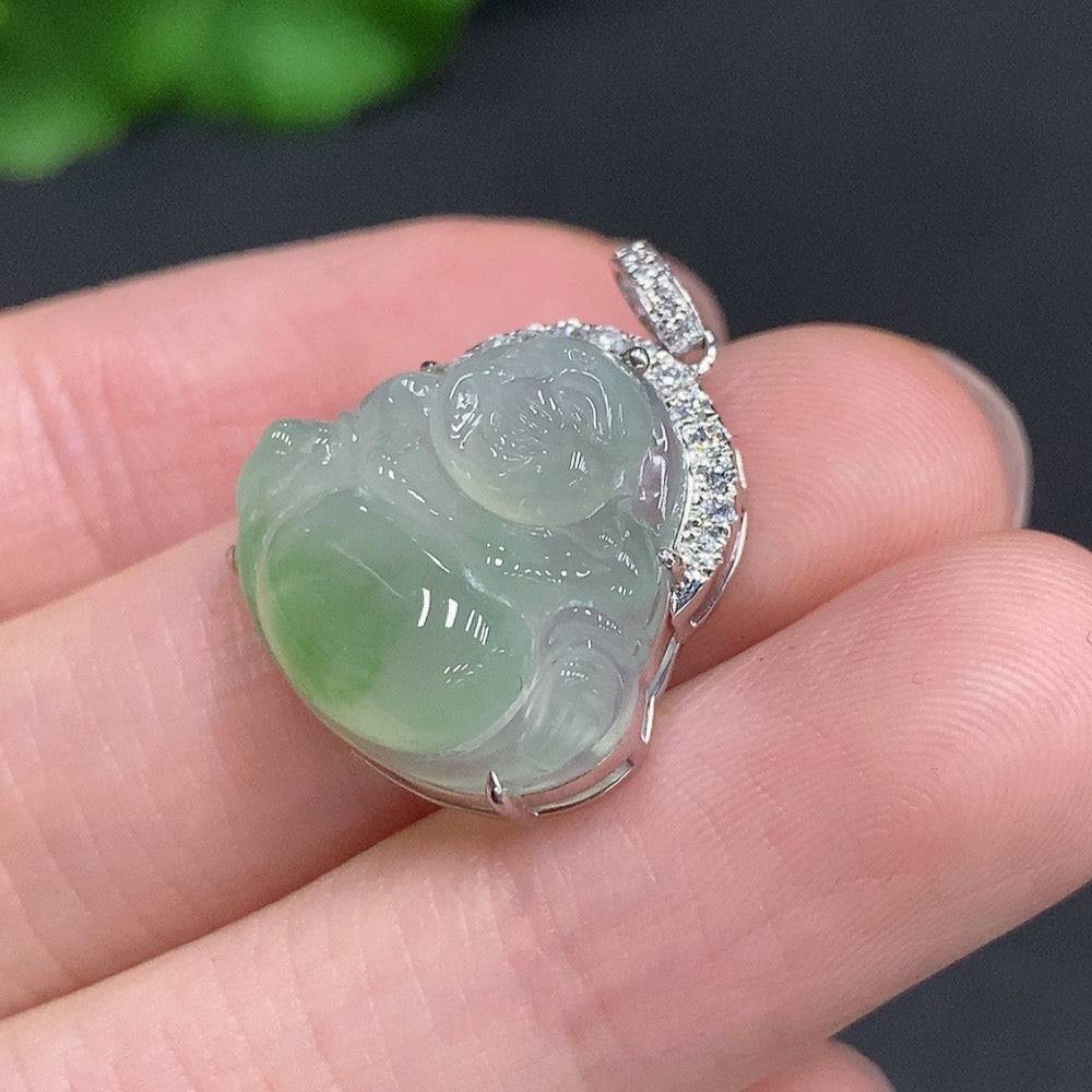 Jadeite Buddha pendant with 18K gold accents and diamond details, crafted by HUILIU HQ, shown on a neutral background.
