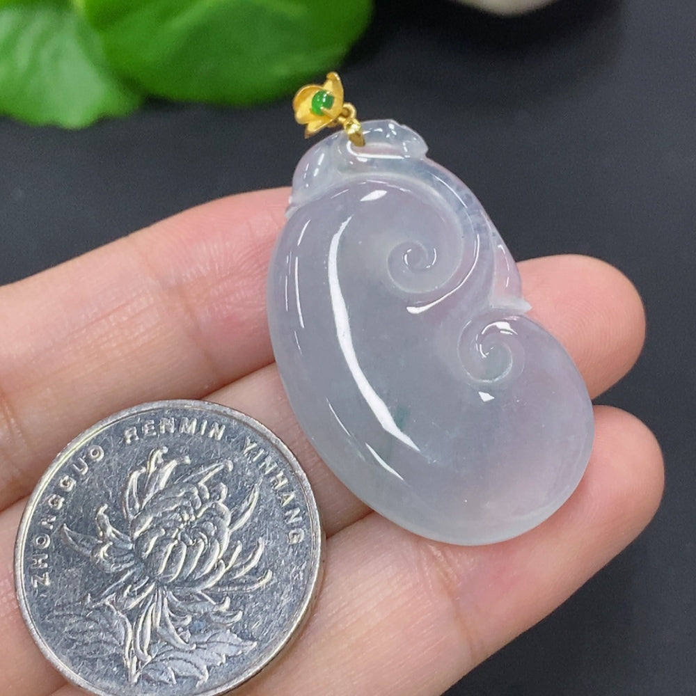Jadeite Ruyi pendant with 18K gold clasp, featuring smooth green jade and intricate design, jewelry necklace by HKHQ