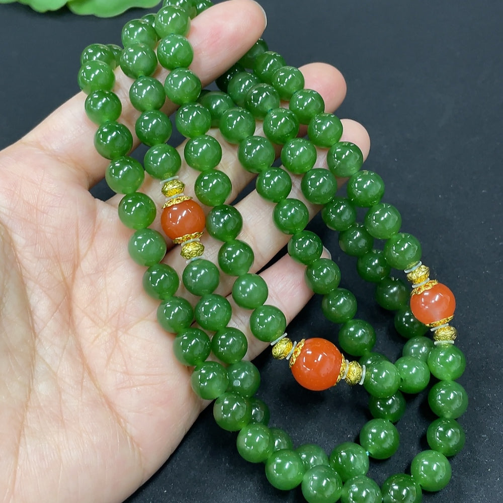 Green Hetian Jade Bead Necklace, Non-Gold, With Southern Red Agate