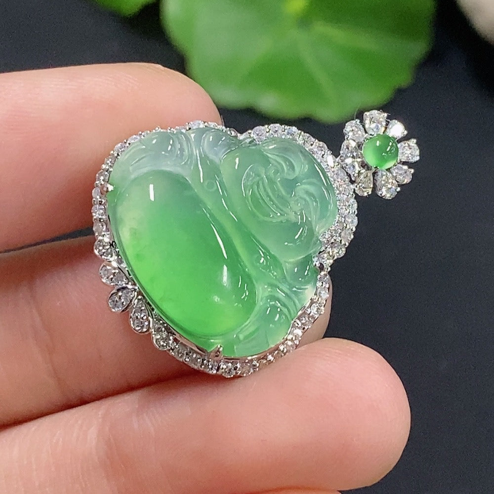 Jadeite Buddha pendant necklace in 18K gold with diamond accents, featuring a detailed Buddha charm on a elegant chain.