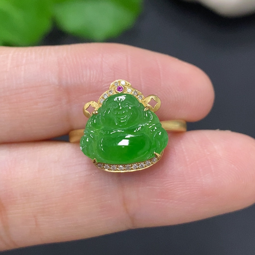 Jadeite Buddha Inlaid Ring . (Colorless Accent Stones Are Diamonds) | Huiliu Certified