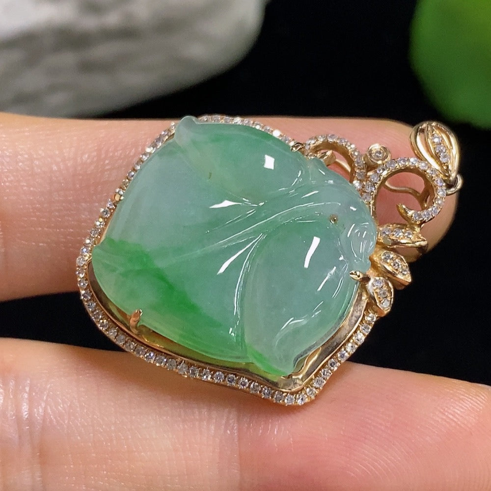 Jadeite Leaf Pendant with 18K Gold and Diamond Accents